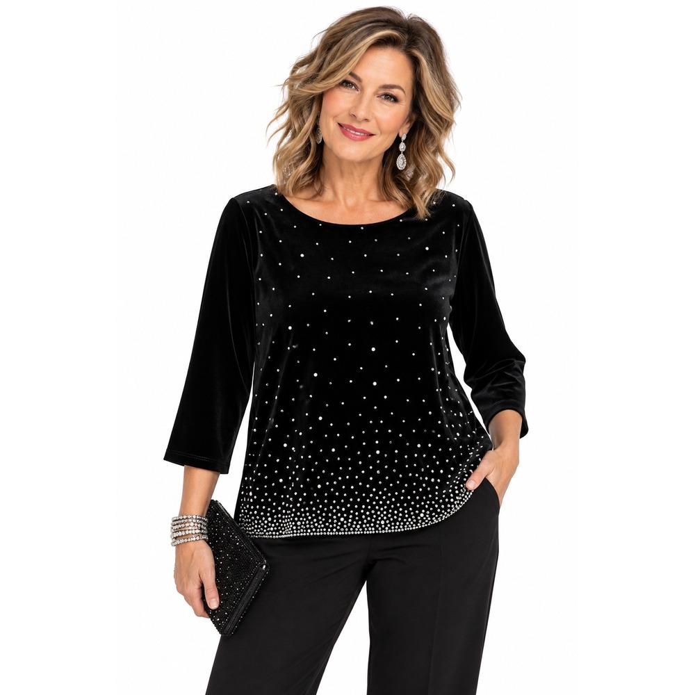 Chicos Travelers Collection Black Velvet Rhinestone Top 2  L Holiday Festive M